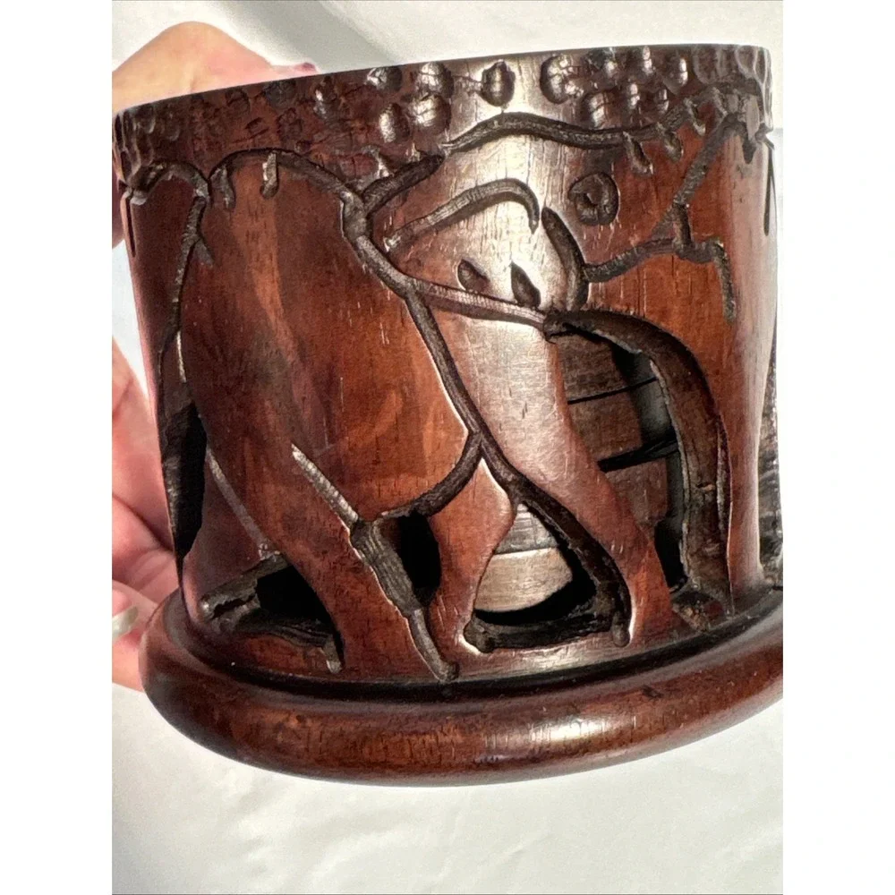 VTG Hand Carved African Ironwood Set of 6 Wooden Elephant Coasters Holder & Lid